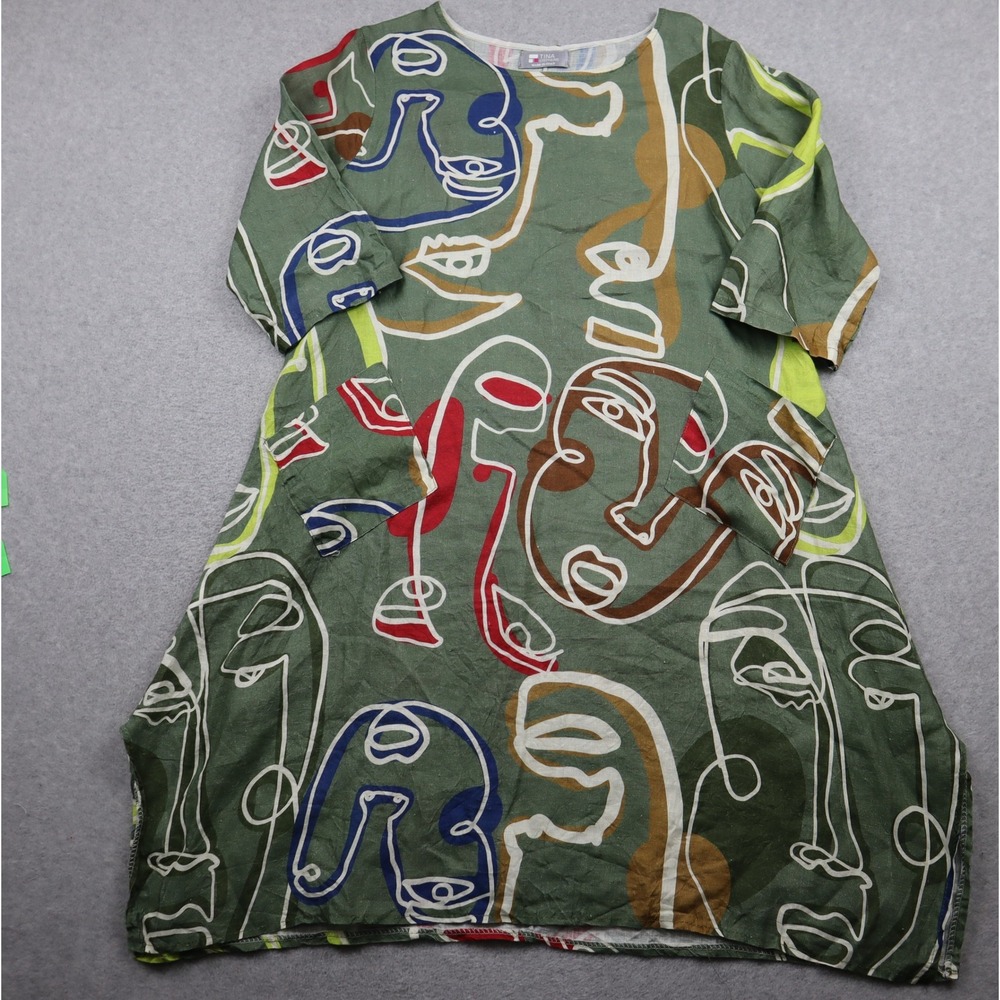 Tina Stephens Linen Dress Womens One Size Relaxed Abstract Face Print Green